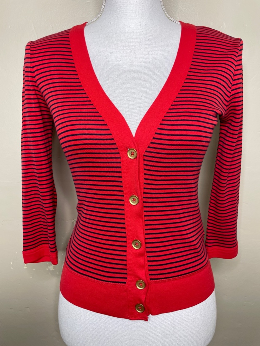 J CREW Perfect Fit Red & Blue Striped V Neck Button Front Cardigan Sweater XXS
